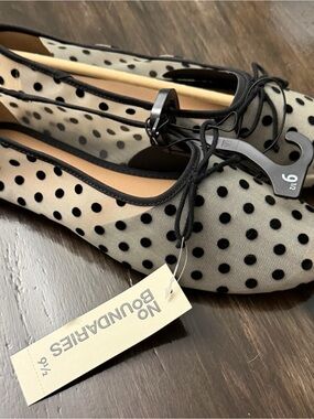 No Boundaries Beige Mesh Ballet Flats with Black Polka Dots